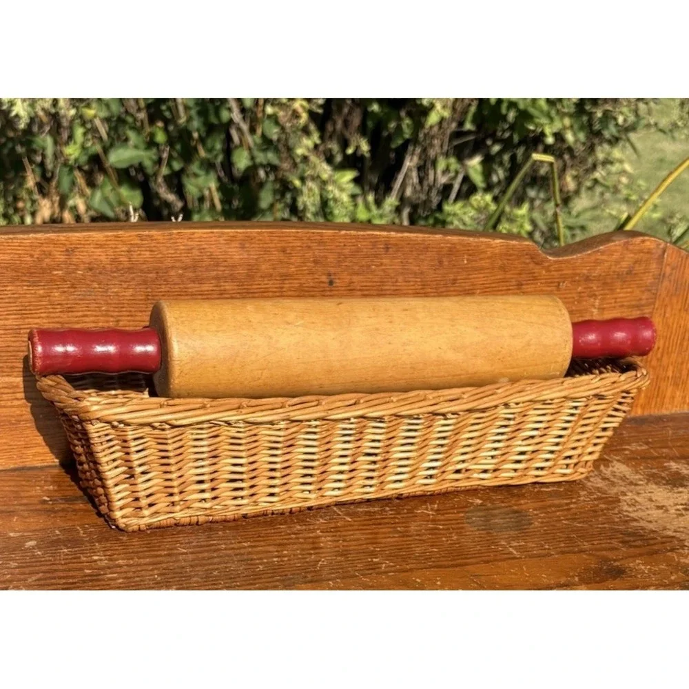 Vintage Wooden Rolling Pin with Red Handles 17